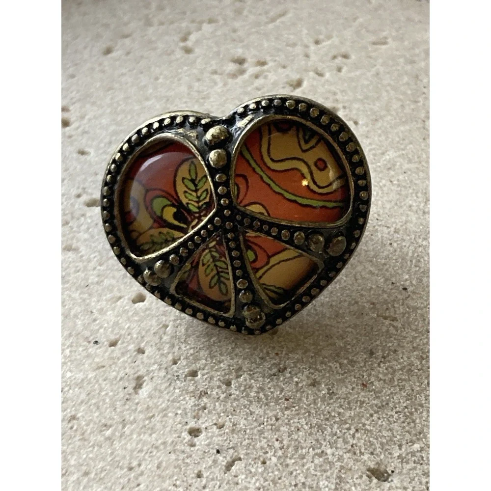 Heart Statement Ring Antiqued Gold Tone‎ Orange Paisley Resin Adjustable Boho